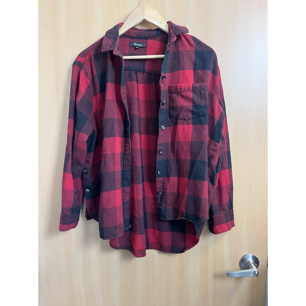 Madewell Flannel Shirt Womens Medium Red Black Buffalo Check Side Button Plaid - Picture 9 of 11